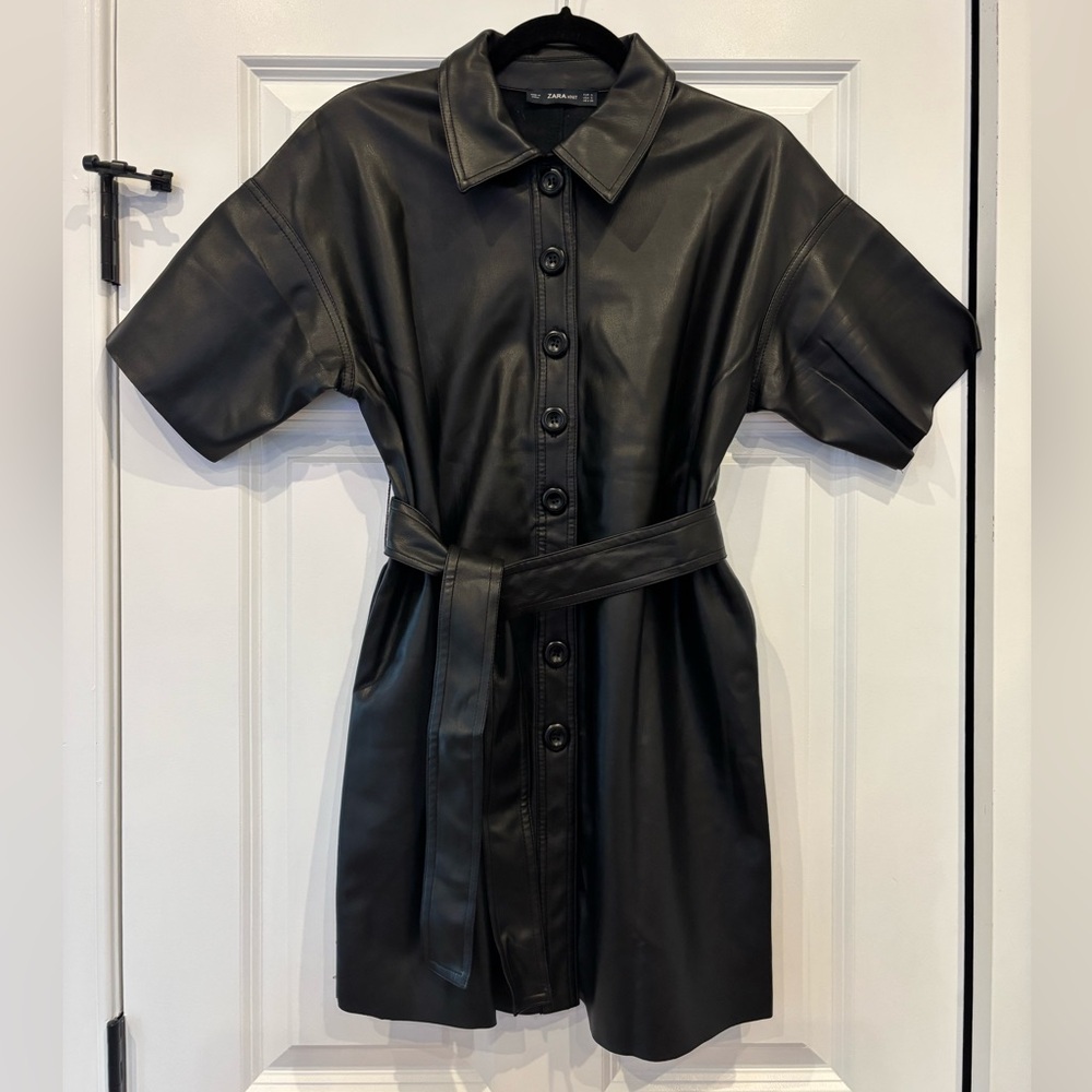 Zara faux leather, short sleeved, button down mini dressss